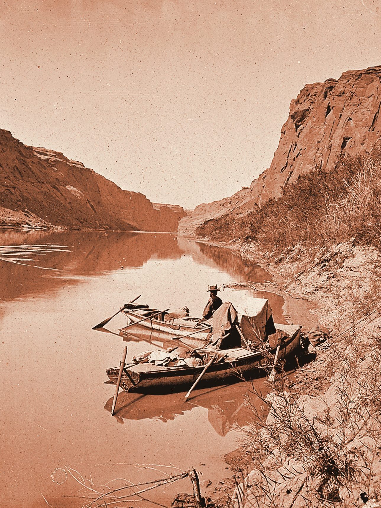 Boats of the Powell expedition moored on the Colorado River