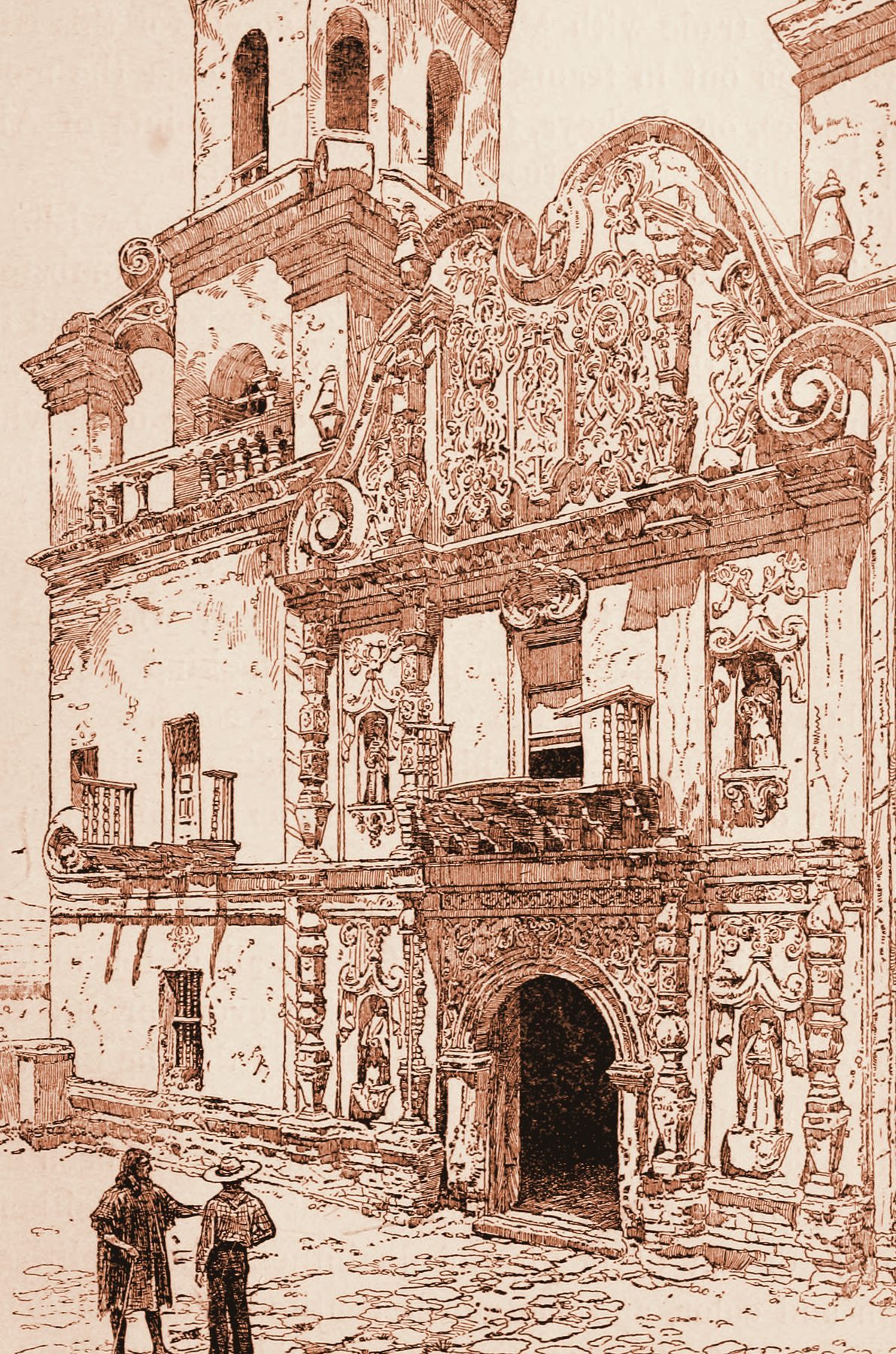 Engraving of the facade of Mission San Xavier del Bac